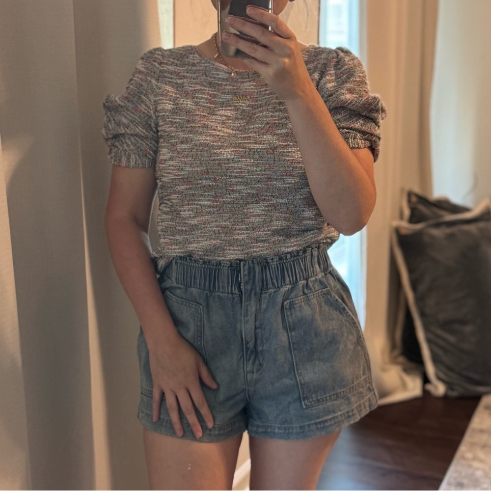 Mustard Seed Elastic Waist High Rise Denim Shorts Women's Medium Blue Distressed - Picture 5 of 16